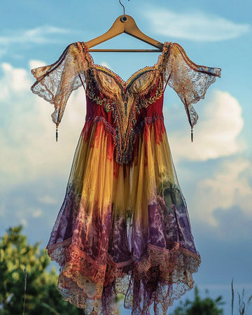 Vestido de verão com babados e renda contrastante 450f