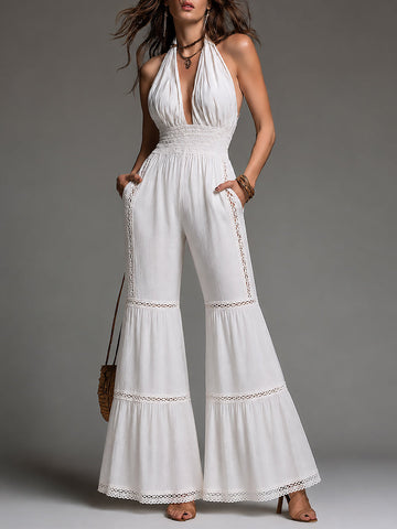 Retro Halter-neck Lace Trim Cotton-linen Ruffled Hem Jumpsuit