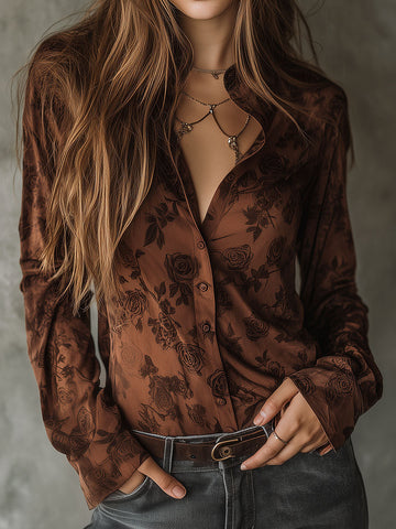 Camisa Marrom Abotoada com Estampa Floral Retrô