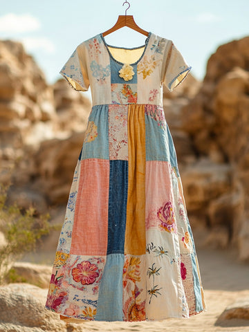 Robe courte à manches courtes en coton et lin patchwork floral bohème pour femme 9338