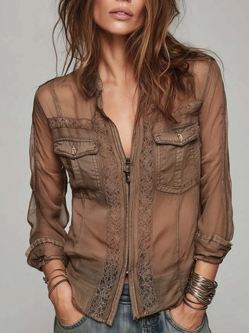 Vintage Zippered Collar Chiffon Blouse