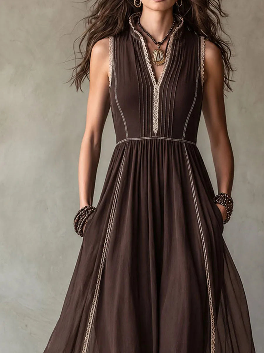 Robe longue marron chocolat style bohème western avec bordure en dentelle