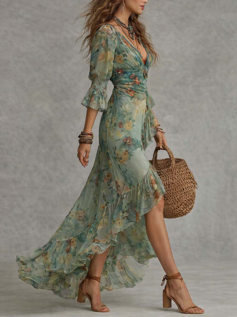 Longue robe portefeuille fleurie rétro-romantique