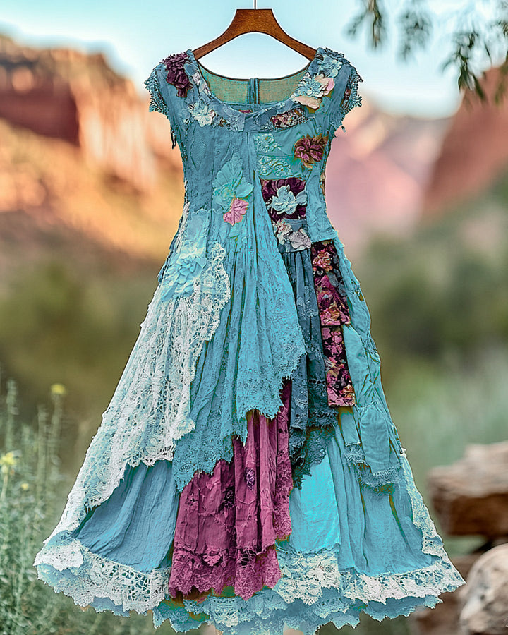 Vestido Vintage Floral Bordado em Renda com Retalhos b034