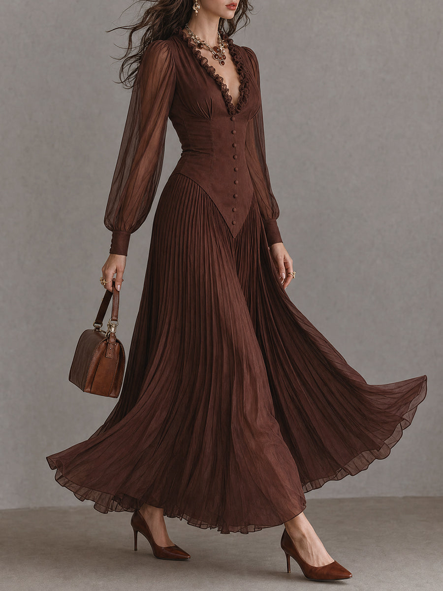 Robe longue plissée vintage à col en V et manches bouffantes avec volant