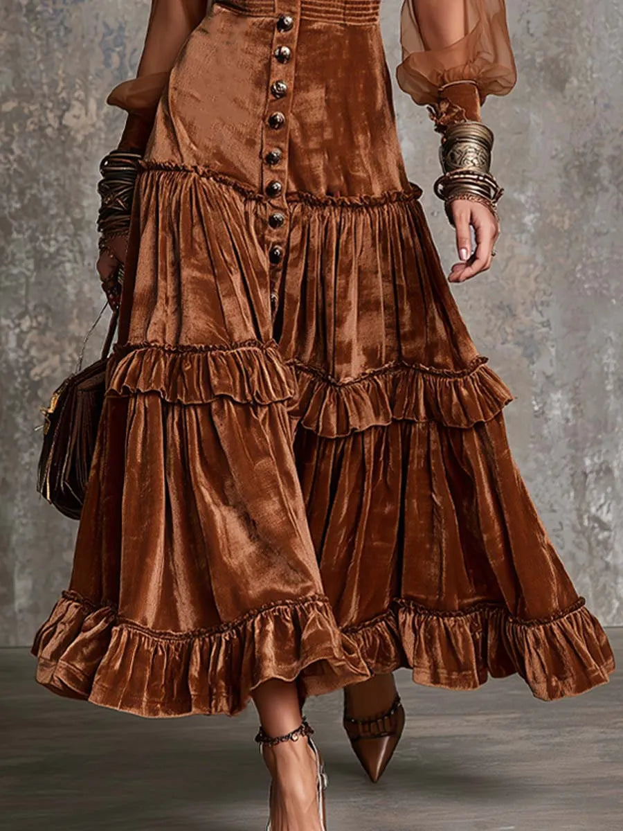 Robe mi-longue en velours polyester de style vintage avec dentelle contrastante