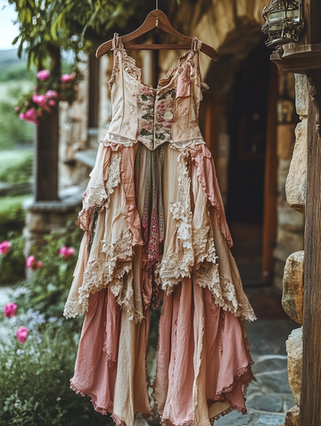 Vestido de retalhos de algodão e linho com babados contrastantes de verão a086