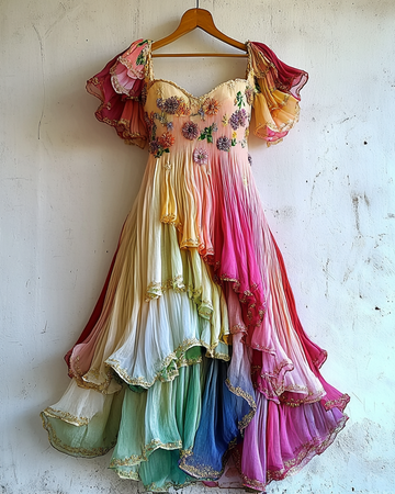Vestido Irregular Bordado com Margaridas Franzidas Douradas com Degradê e786