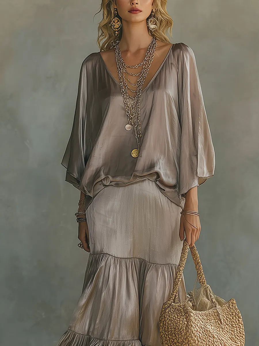 Ensemble jupe à volants fluide gris doux