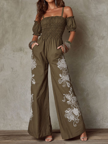 Combinaison ample bohème vert olive smockée brodée