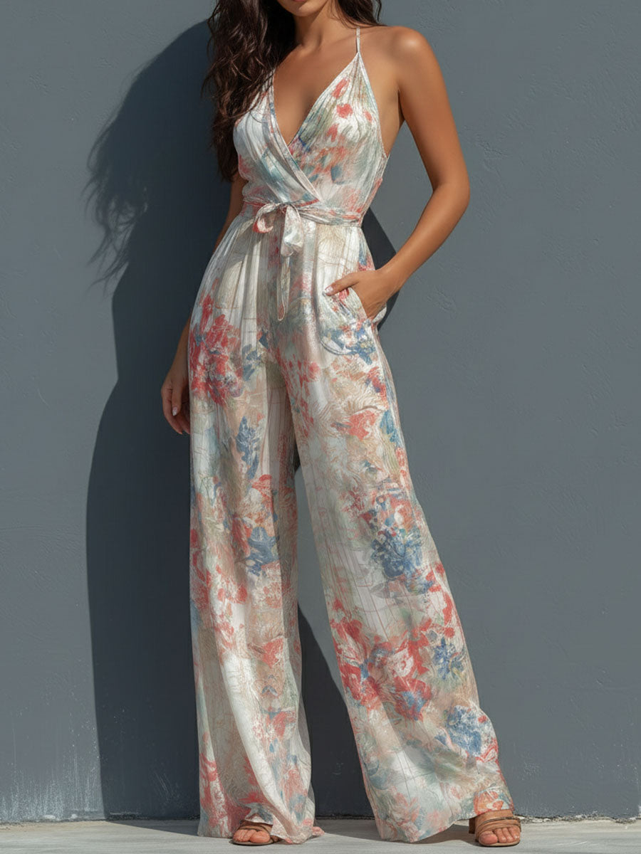 Combinaison ample à licou et cache-cœur en satin à imprimé floral style bohème