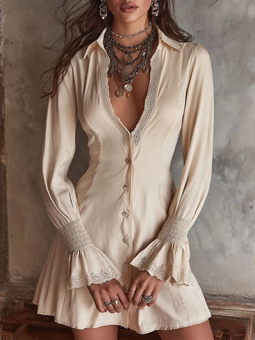 Vestido Camisa com Renda, Botões e Mangas Sino com Elástico