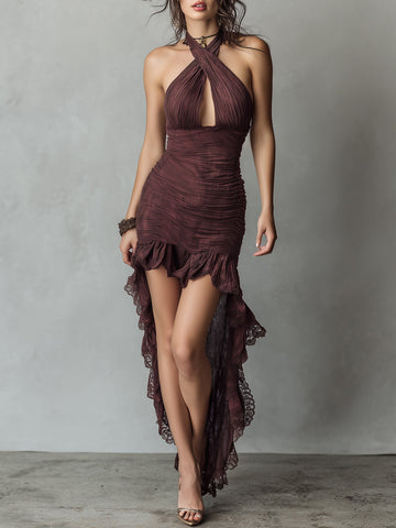Vestido Maxi Transpassado com Detalhes em Renda e Bainha Mullet