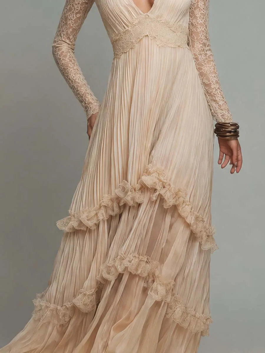 Robe longue en mousseline plissée à volants, manches longues en dentelle et taille en dentelle, style bohème