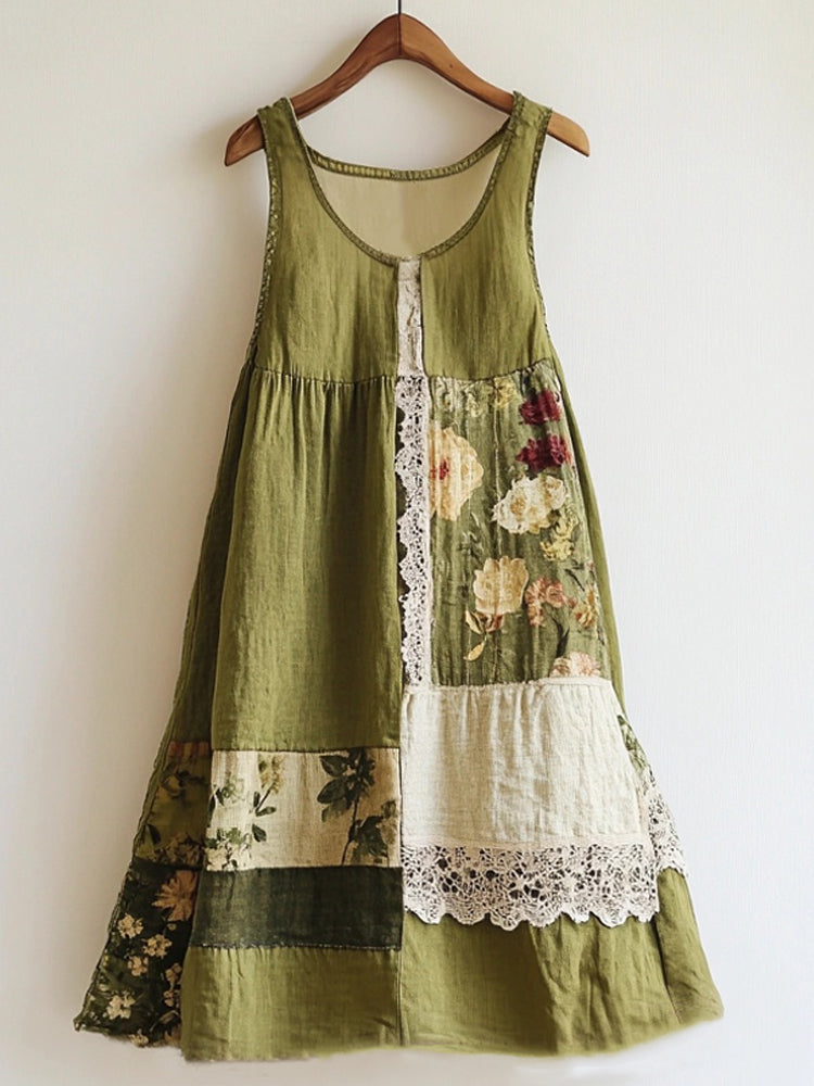Boho Floral Pattern Lace Patchwork Linen Blend Green Dress dd64