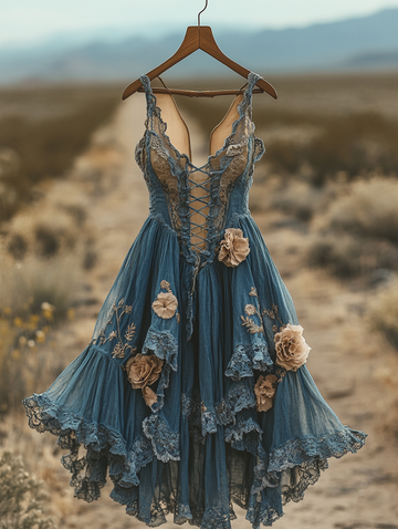 Vestido Patchwork Jeans de Renda Artesanal Verão 8d03