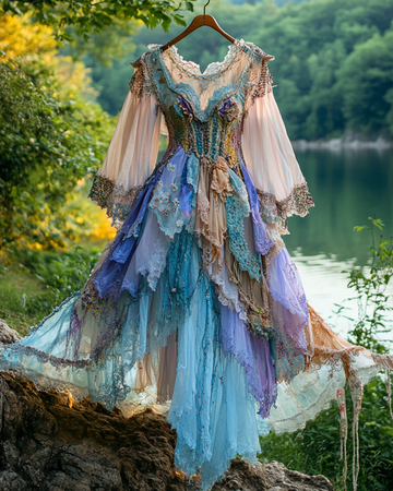 Vestido de Verão Irregular com Renda Patchwork e Babados com Miçangas 621d