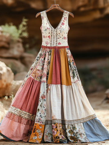 Vestido Feminino Vintage Boêmio Bordado Floral de Algodão e Linho