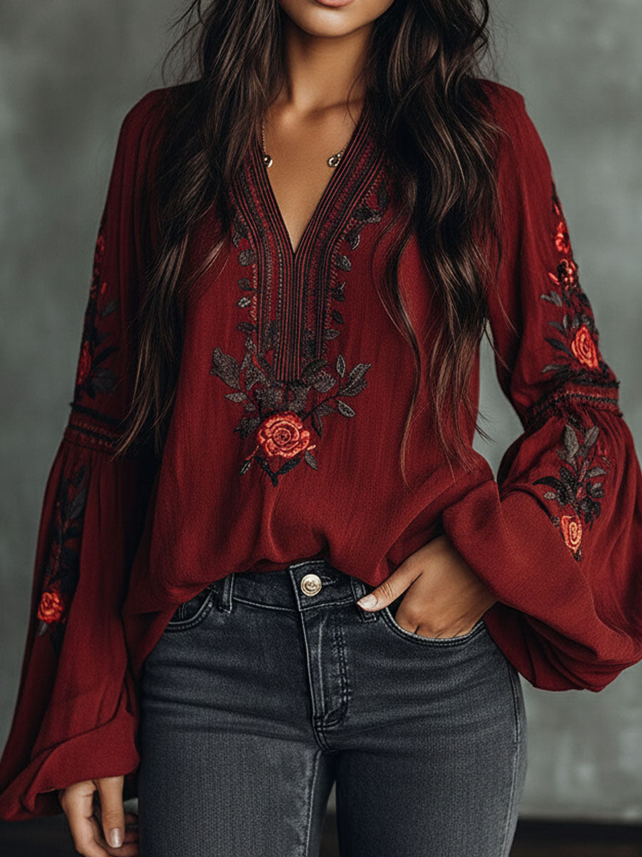 Camicetta boho vintage rossa ricamata con maniche a lanterna