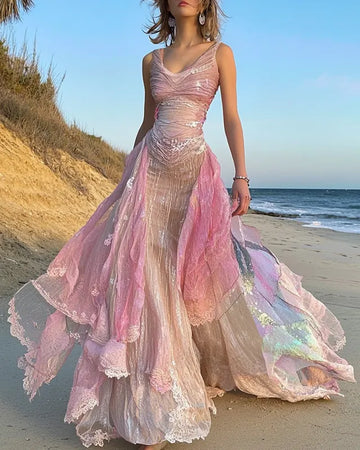 Vestido de Praia de Verão com Babados e Renda Patchwork 97a8