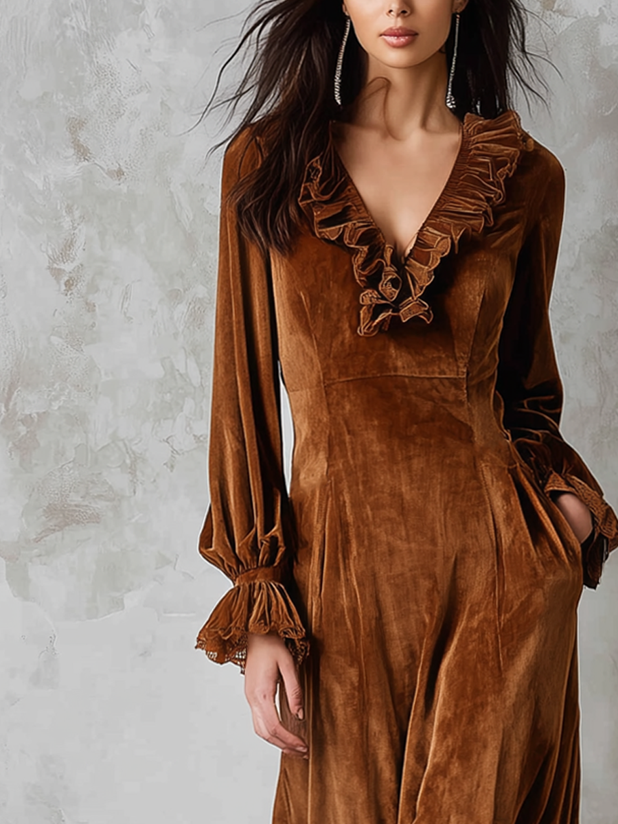 Vestido Midi de Veludo Ecológico Retrô com Gola de Babados e Acabamento de Renda