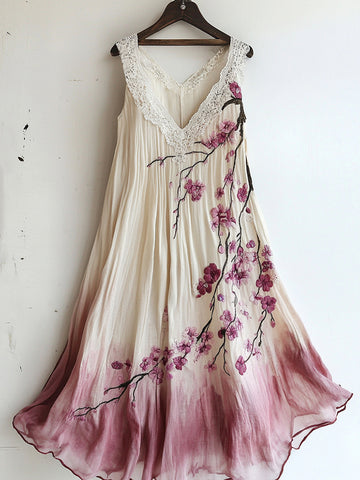 Vestido Regata Confortável Estampa Floral Cerejeira Vintage Degradê Renda df3f