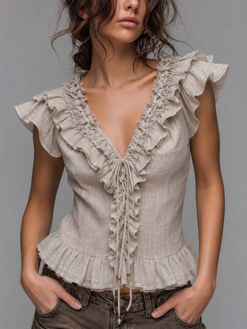 Blusa Peplum Franzida de Linho Mescla Bege Boêmio com Cadarço