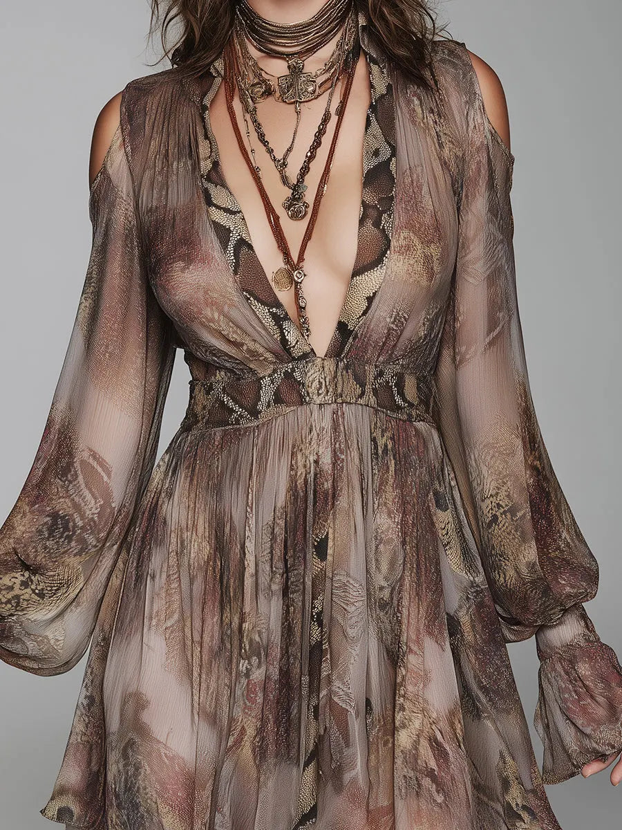 Miniabito in chiffon con stampa serpente boho