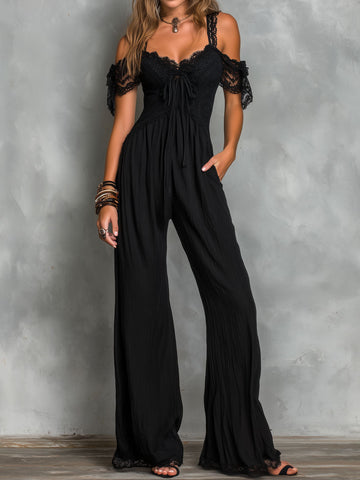 Boho Black Lace Trim Cold-Shoulder Wide-Leg Jumpsuit