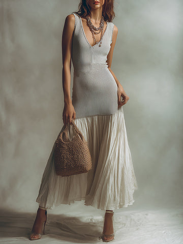 Retro Slim-Fit Ribbed Knit Pleated Hem Maxi Dress