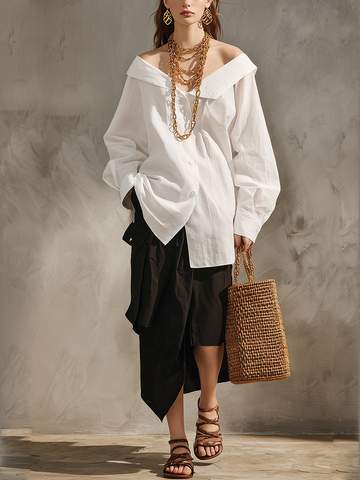 Minimalist Shirt Paired With A Skirt Creates A Effortlessly Stylish Look