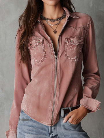 Camisa Jeans Western Rosa Queimado Desbotado com Zíper