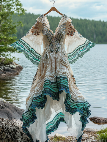 Vestido de verão com babados e renda de cor contrastante 4c7c