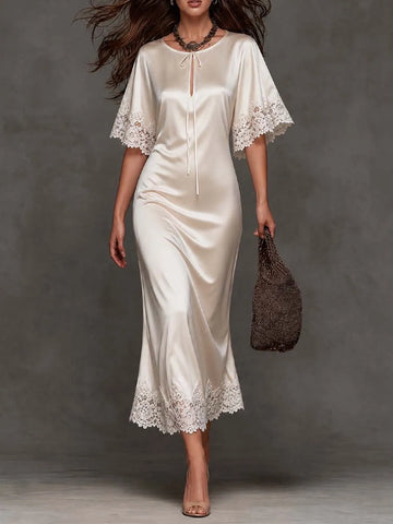 Vestido Midi Slip de Cetim com Manga Curta, Gola Redonda, Detalhe de Renda e Estilo Vintage Elegante