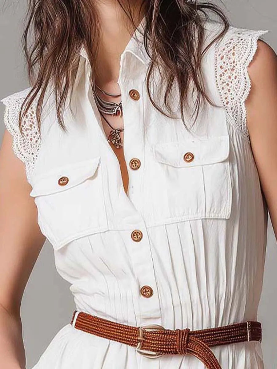 White Cotton Lace-Trimmed Sleeveless Shirtdress With Removable Belt