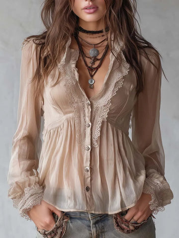 Blusa de Chiffon Vintage com Bainha Peplum e Renda