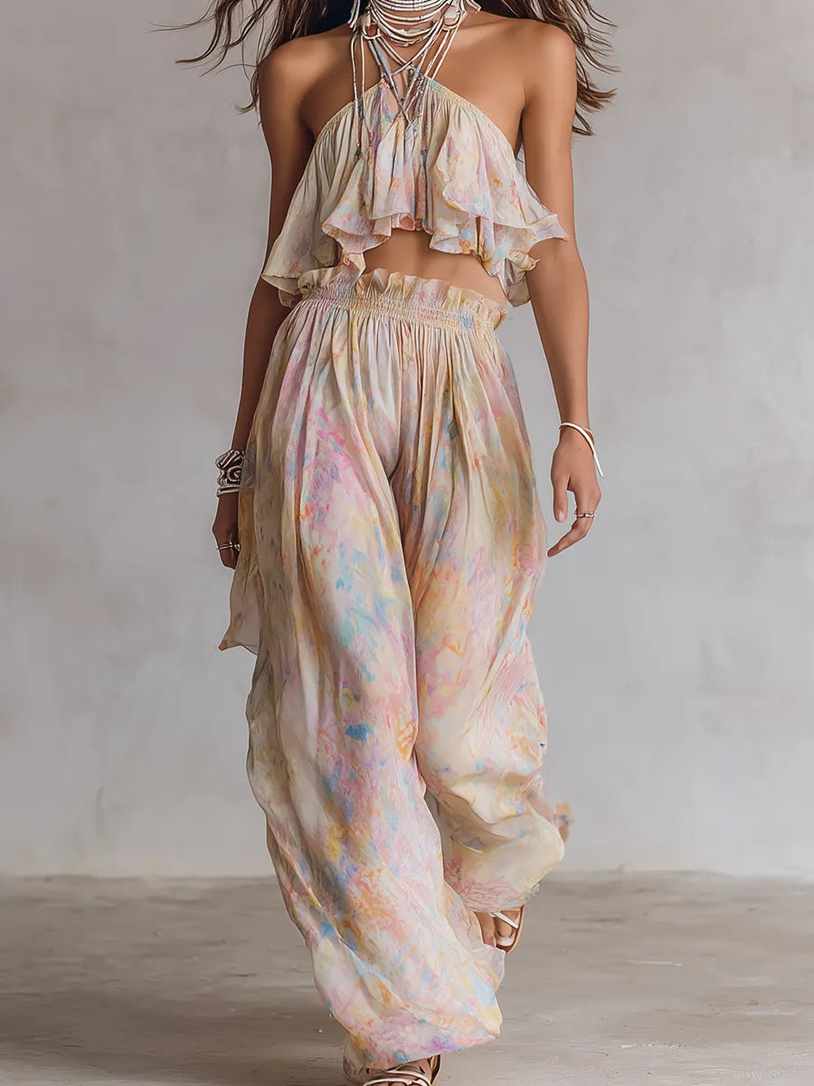 Conjunto Boho de Top Cropped com Gola Halter e Calça Pantalona