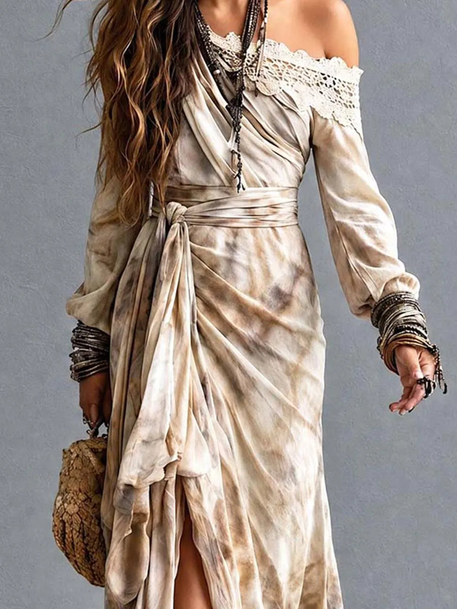 Robe longue portefeuille bohème à épaules dénudées, bordée de dentelle, avec lien à la taille