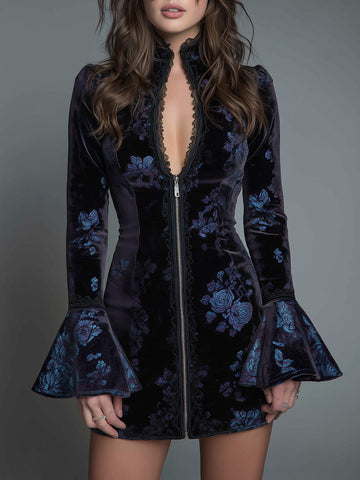 Minivestido de veludo de poliéster slim-fit vintage com renda floral