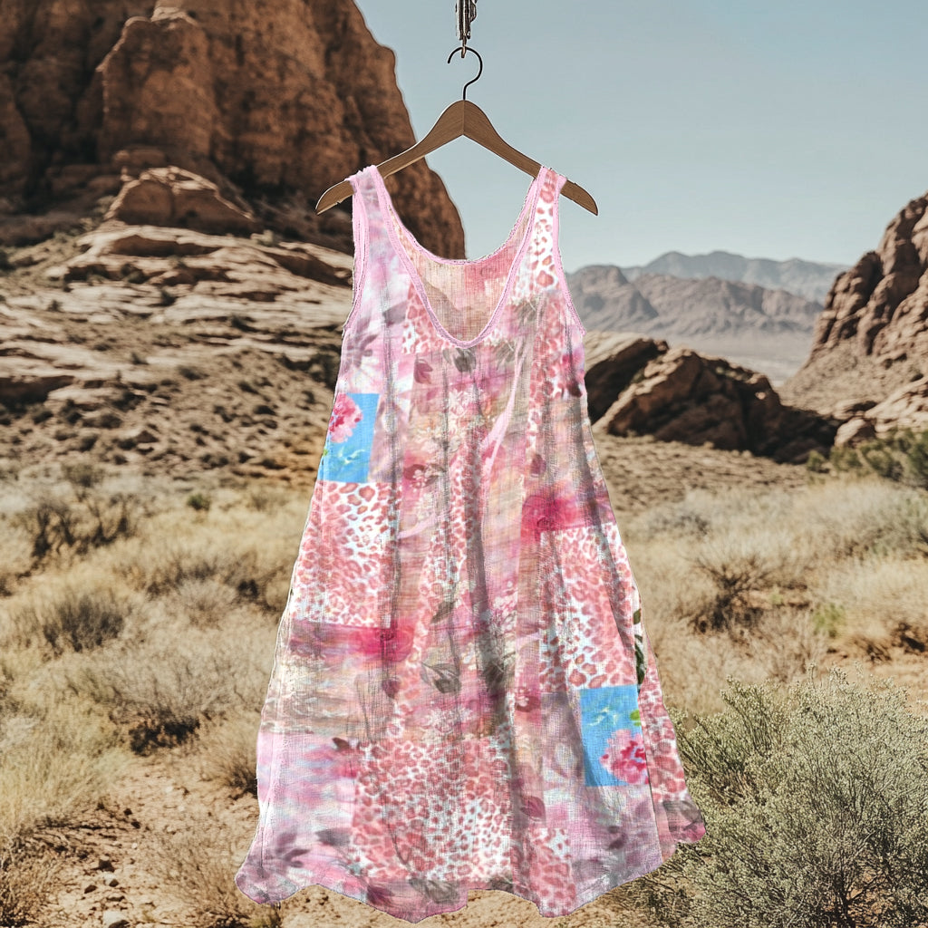 Vestido Regata em Linho Misto com Patchwork Floral Leopardo Vintage 5af7