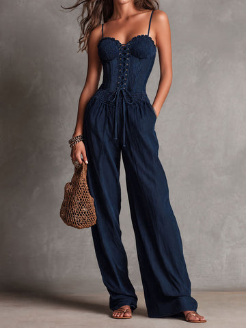 Macacão Pantalona Boho Chique Azul Marinho com Corpete e Amarração
