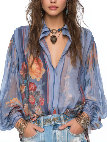 Blusa Transparente de Chiffon Estampada Floral Vintage com Gola e Manga Longa Bufante