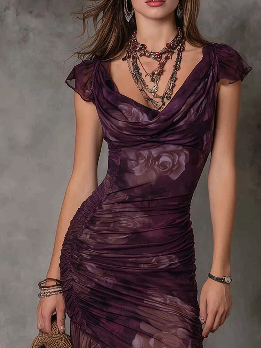 Robe midi en mousseline plissée fleurie rose à col drapé rétro