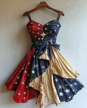 Vestido dourado estampado com o tema Dia da Independência 273c