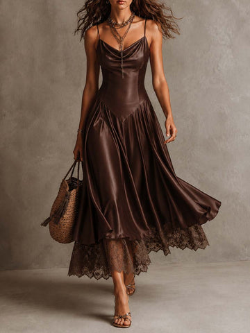 Vestido Midi De Cetim Elegante Com Decote Drapeado, Alças Finas E Barra De Renda Interna