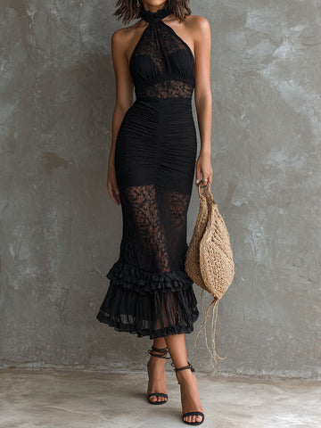 Vestido Midi Romântico Boho Preto com Halter e Renda Transparente para Noite