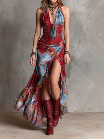 Boho Chic Rust Red Tie-Front Halter Maxi Dress