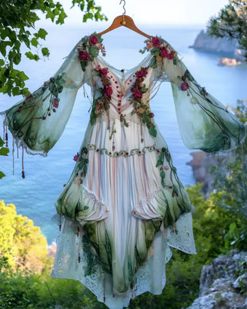 Vestido de Chiffon com Renda e Babado de Contraste para Férias de Verão c6c4