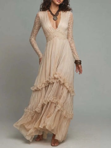 Vestido longo de chiffon plissado com cintura de renda, manga longa, renda boho e camadas com babados