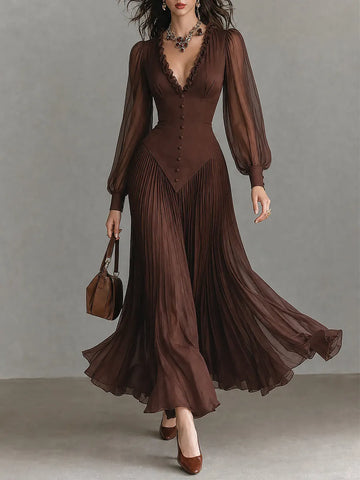 Vintage V-Neck Puff Sleeve Pleated Maxi Dress with Ruffle Trim